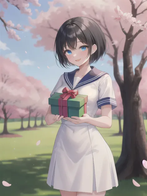 A stunningly beautiful 20-year-old woman stands in a lush green park full of cherry blossoms in full bloom under a clear blue sky. She is wearing a classic sailor uniform and holds a neatly wrapped gift box with a red ribbon in both hands in front of her c...