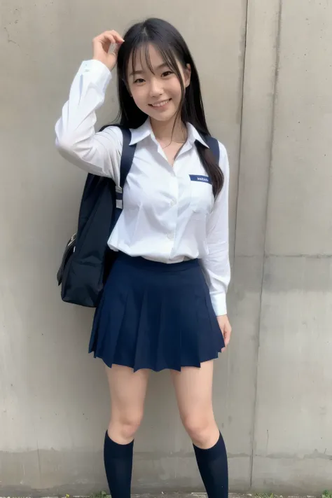 (( masterpiece)),((( top quality))), in ultra high quality, long legs,  Japanese middle school girl, white background, white collared shirt,navy blue student vest , navy blue checked mini skirt: long black hair:1.5,Wear sneakers barefoot ,Girl in uniform w...