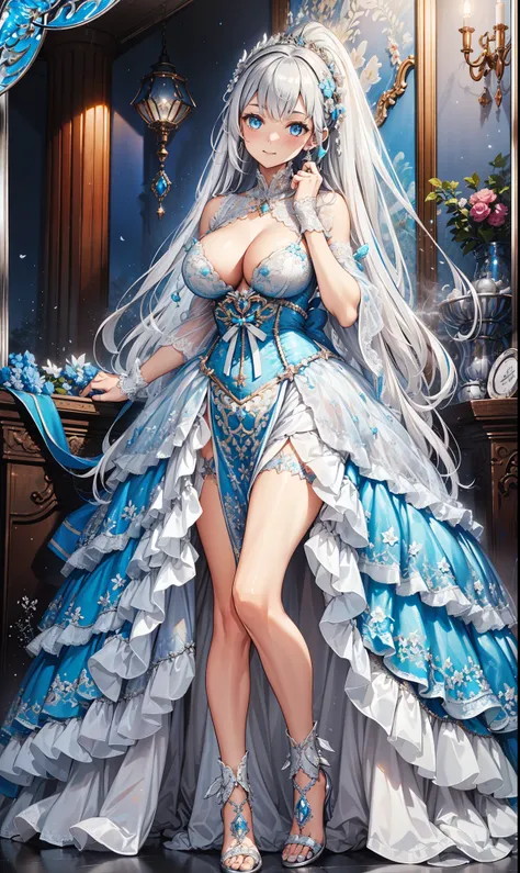 saint，Attractions， Have Fun ，in love，( western magic white dress)，Silver Hair， blue eyes ，See-through clothing，Exquisite hair accessories， transparent lace ，Sky blue pattern，night，gorgeous dress ，bedroom， the only person，night， Carved Sling Boots ， super d...