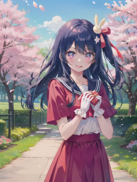 A stunningly beautiful 20-year-old woman stands in a lush green park full of cherry blossoms in full bloom under a clear blue sky. She is wearing a classic sailor uniform and holds a neatly wrapped gift box with a red ribbon in both hands in front of her c...