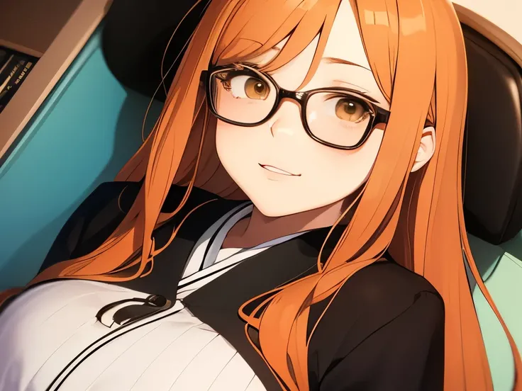 Japanese nerd girl with glasses and orange long hair