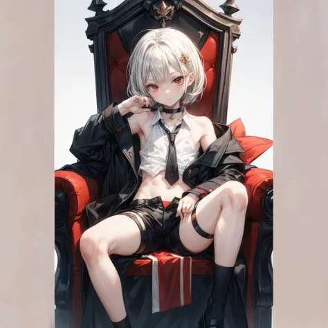 (( best quality )), ((masterpiece)), ( Detailed ),  perfect face,  alone, 1 boy, Shota,  animation,  beautiful detailed eyes, Bob hair,  white hair,  red eyes,  bare legs, (((Just play ))), (( black short pants )), (((  dress shirt))), ((Mid Drive )),  fla...