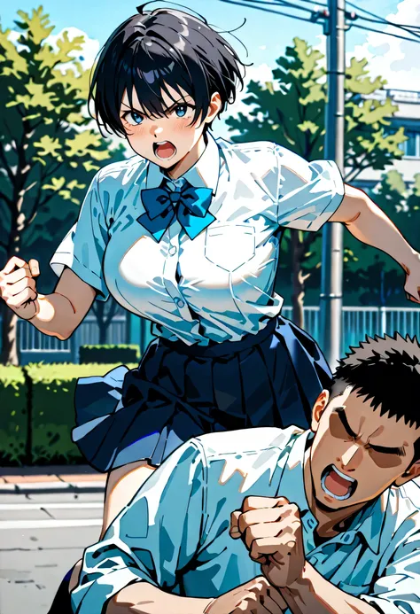 score_9, score_8_up, score_7_up, source_anime,1 boy bara, BRAKE 1girl, cute boyish girl, very short hair, black hair, Aquiline nose, big breasts, (short stature), school uniform, navy skirt, White shirt , light blue ribbon, Knee striking, outdoor,BRAKE (Fi...