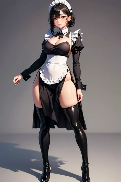 1girl, warrior girl, black outfits, medieval outfits, black gold steels, maid outfits, maid warrior, sexy outfits, leggings, full body, perfect anatomy, white background, sexy maid, standing pose