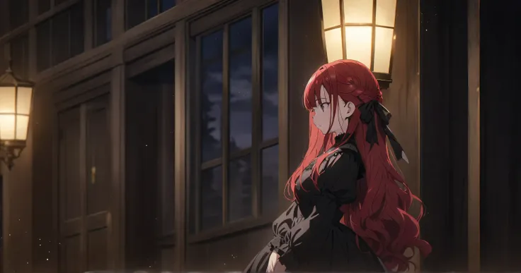 night　Mansion　 gothic　Girl with long red hair　indoor　Anime anime keyvisual, Alone, cowboy shot, eyes half-closed, from side,