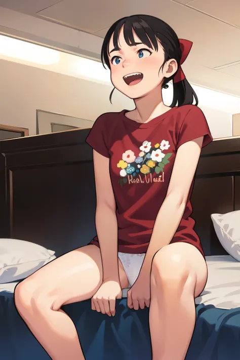 、 、 hotel bed、 black hair、 ponytail、 red ribbon、 white t-shirt、 white panties with short floral pattern、 Sitting、 is laughing、 I have open legs、 facing here、