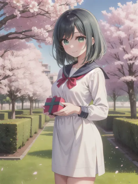 A stunningly beautiful 20-year-old woman stands in a lush green park full of cherry blossoms in full bloom under a clear blue sky. She is wearing a classic sailor uniform and holds a neatly wrapped gift box with a red ribbon in both hands in front of her c...