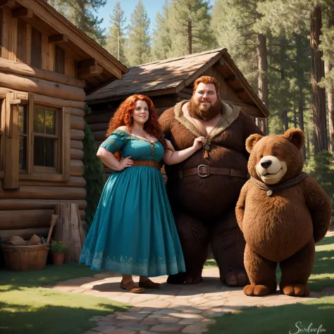 Brave's family from the Disney movie Brave. too fat. obese. curly red hair. big boobs. . neckline. The landscape is a model of a rustic wooden house from Disney . Show your feet . velvet dress . standing . ...