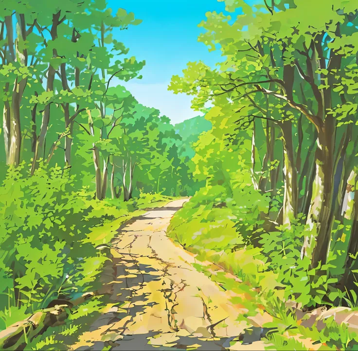 ((eye level angle), ((extreme full shot), noon, sunshine, wooded roads around, earthy ground, sky behind. Clear image, 4k resolution