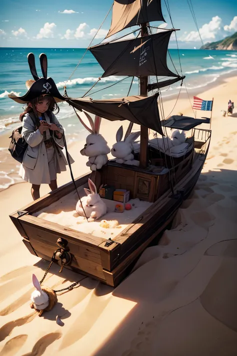 a ship made of candy with crewed rabbits inside it ,  in the sand where a little black girl with bunches waits in awe and an adventurer wearing a pirate hat named Henry is with her