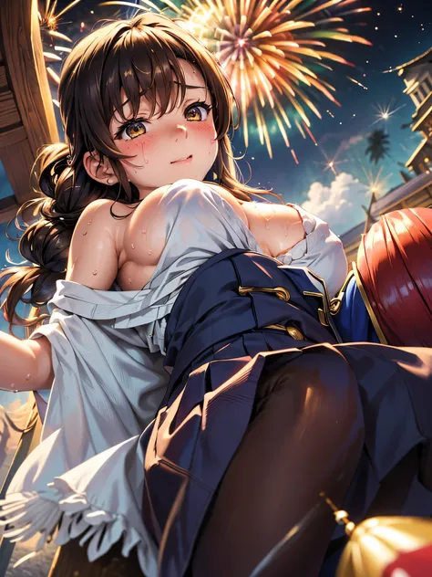 (highest quality)), ((masterpiece)), (family friendly), Perfect Face,Shiny skin,Beautiful breasts,Shiny skin、Kyoto Animation style painting、Hair、Golden Eyes、Sunburned skin、night、Braided Hair、(((firework)))、(((night)))、Sit on a bench、(((Sweat)))、
、Off the s...