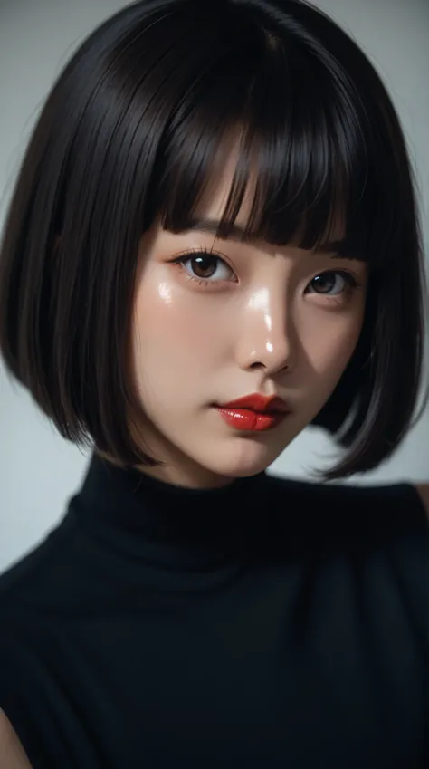 1 young asian girl, solo, bob cut, short hair, portrait, closed mouth, bangs, looking at viewer, blunt bangs, red lips, shiny skin, style retro classic, illustrated anime, 