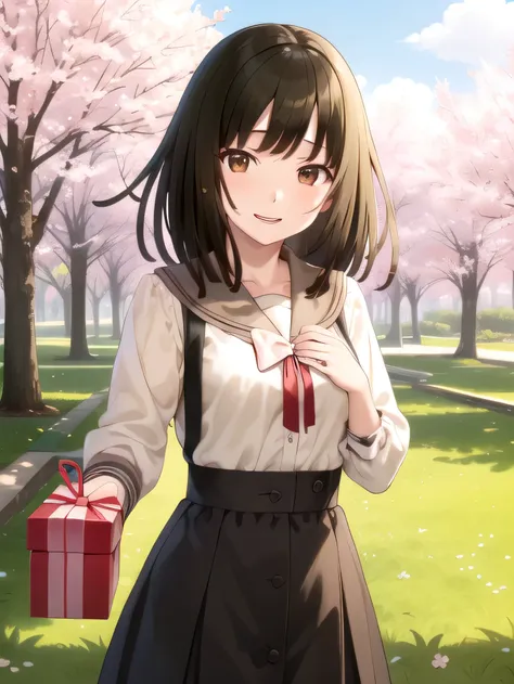 A stunningly beautiful 20-year-old woman stands in a lush green park full of cherry blossoms in full bloom under a clear blue sky. She is wearing a classic sailor uniform and holds a neatly wrapped gift box with a red ribbon in both hands in front of her c...