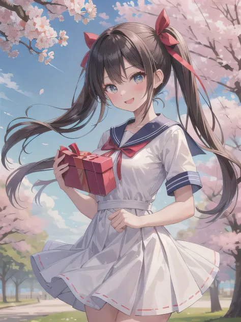 A stunningly beautiful 20-year-old woman stands in a lush green park full of cherry blossoms in full bloom under a clear blue sky. She is wearing a classic sailor uniform and holds a neatly wrapped gift box with a red ribbon in both hands in front of her c...
