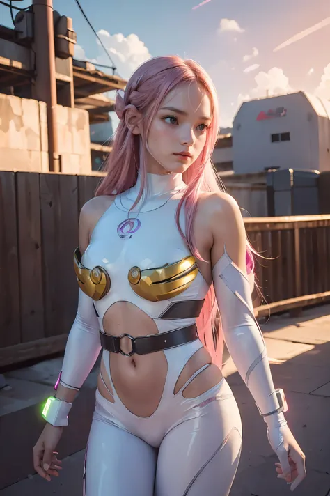 ((masterpiece, best quality, extremely detailed), volumetric lighting, ambient occlusion, colorful, glowing), 
1girl, solo, young girl, (pink hair), long hair, halo, aura, sacred, godness, cyber suit, (white outfit:1.3), android, bot, angel wings,
outdoors...