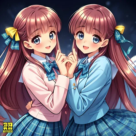 (highest quality, masterpiece:1.2), highest quality, High resolution, 1080p, 8K, Height: 158cm, (Zinomy 20yo Twins, lovely high-quality colorful cover of girl's comic by most popular manga artist, amazingly neat & clean, in peace and neat lovely strong cha...