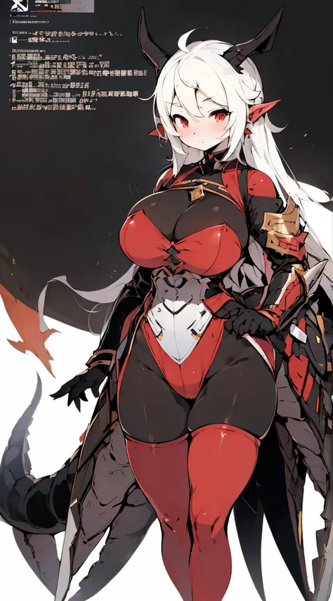 Dragon Girl ， black tights ，Black bottom coat，Gold Scale Armor ， white hair ，Tail，龙Tail， Red Bunny Costume， thick thighs ， Fleshy Thighs ， red knee socks ， Black Silk Tights ，Big breasts，Big butt， Fleshy Thighs ，Thin waist and wide hips