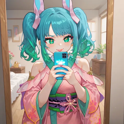 Expressiveh,1girl, capkmn, green eyes, aqua hair, green hair, twintails, medium hair, rabbit tail, pink hair ornament, japanese clothes, pink kimono, short kimono, obi, detached sleeves, bare shoulders, wide sleeves, long sleeves, platform footwear, white ...