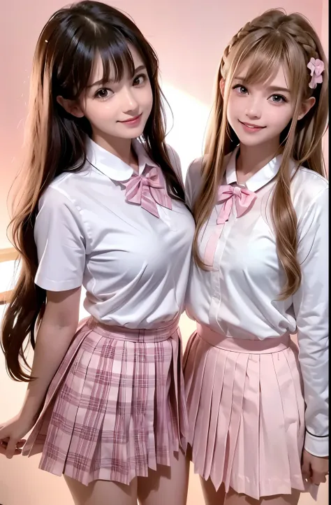 high resolution,smile,happy,light smile,woman,woman2人,adult,((two girl females)),
((jaw piece)),
Clear,cute,Blonde,
wavy hair, long hair ,BREAK,
Pink brown eyes,BREAK,
high school girl,uniform,White shirt,Pink checkered pleated skirt,BREAK,
Facing forward,...