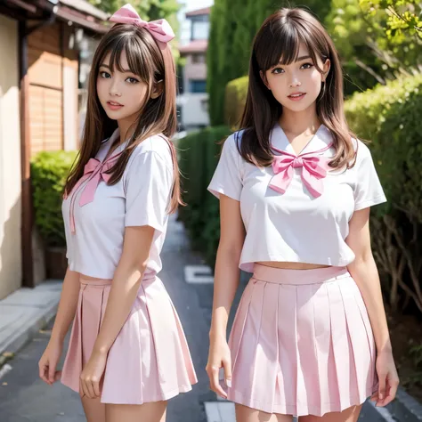 laughing out loud,Wearing a pink student sailor uniform, The sailor uniform is a white background with a pink bow tie and a pink navy collar.,Pink pleated skirt,(knee shot), 1 girl, On the face, light brown hair, blunt bangs, hair behind ears, Hair over th...