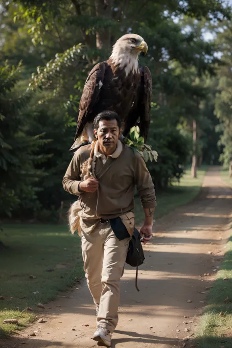 Walking with a perched eagle on your shoulders
