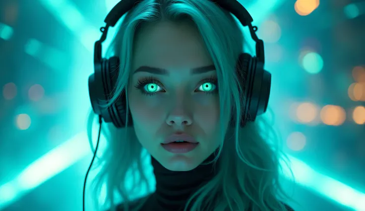 ckbergaze woman Turquoise color hair and Turquoise color eyes He has headphones on
