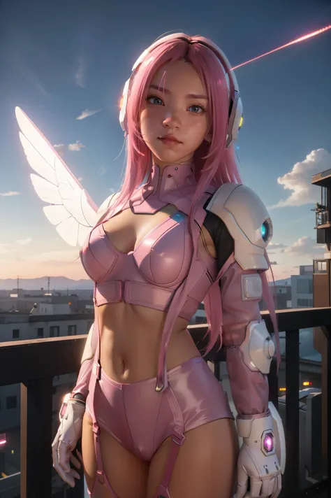 ((masterpiece, best quality, extremely detailed), volumetric lighting, ambient occlusion, colorful, glowing), 1girl, solo, young girl, (pink hair), long hair, halo, aura, sacred, godness, cyber suit, (white outfit:1.3), android, bot, angel wings, outdoors,...