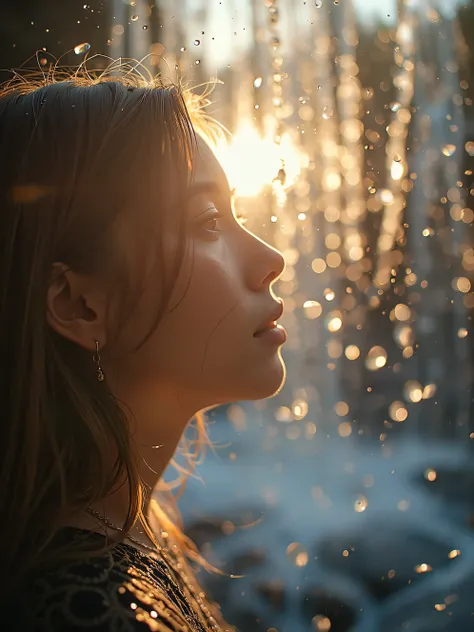 Editorial photography capturing a striking portrait of a person gazing at a cascading waterfall, illuminated by the soft glow of sunrise. The interplay of light and shadow enhances the texture of the water droplets and the subject's skin. A moment of seren...