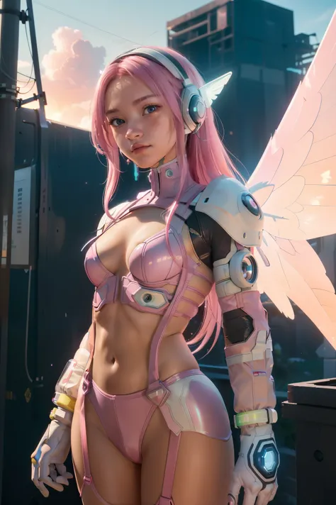 ((masterpiece, best quality, extremely detailed), volumetric lighting, ambient occlusion, colorful, glowing), 1girl, solo, young girl, (pink hair), long hair, halo, aura, sacred, godness, cyber suit, (white outfit:1.3), android, bot, angel wings, outdoors,...