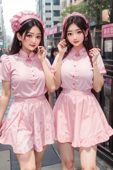 1 Arafad image of a group of Asian women posing for a photo，（pink color），cgstation trends，pink color skin，cgstation trends，pink color gang portrait，January），ulzzang，（pink color），maid outfit, Trending on bbwchan,  yanjun chengt , Girls' Generation, light pi...