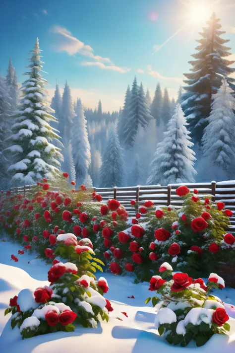 Roses grow on a fence in the snow , with frozen flowers around it, Alexey Egorov, white and red roses \n\t\r, beautiful and aesthetic , with soft bushes, roses in cinematic light , author: Kikukawa Sakaeyama , , author:Alexander Deneka , outlet, hea...
