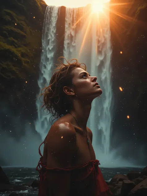 Editorial photography capturing a striking portrait of a person gazing at a cascading waterfall, illuminated by the soft glow of sunrise. The interplay of light and shadow enhances the texture of the water droplets and the subject's skin. A moment of seren...