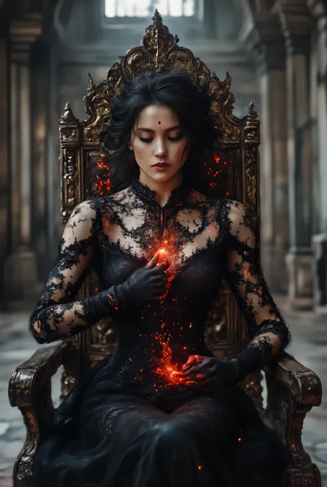 Love Beyond Time, High Quality, Gothic Horror, One Girl, Solo, Beautiful Woman, Queen of the Night, Black Empress, Long Black Hair, Long Eyelashes, Piercing Gaze, Narrow Face, Mole Under Eyes, Moist Lips, Slim Body, Medieval European Black Dress, High Neck...