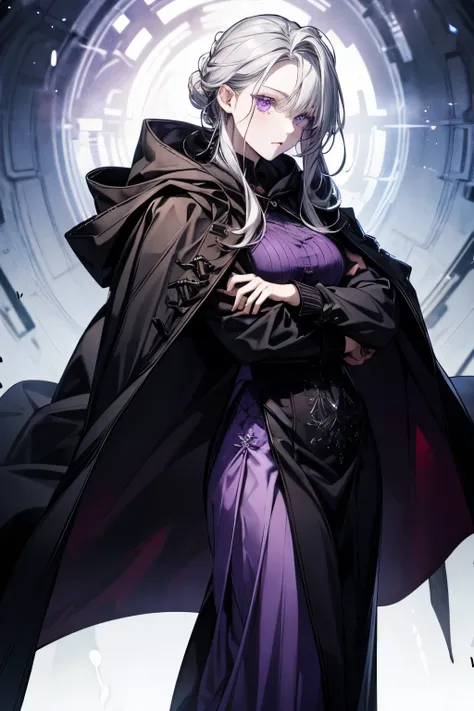  woman .  pale skin .  Silver hair.  complicated hairstyle .  purple eyes. Dark fantasy clothing .  Dark coat with hood .  long sleeves .