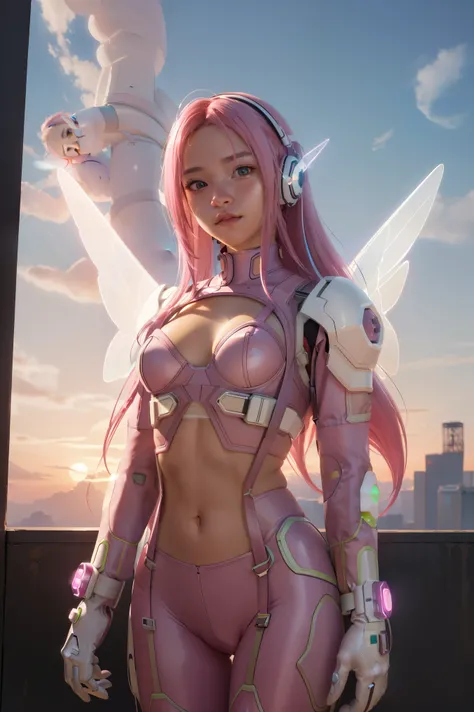 ((masterpiece, best quality, extremely detailed), volumetric lighting, ambient occlusion, colorful, glowing), 1girl, solo, young girl, (pink hair), long hair, halo, aura, sacred, godness, cyber suit, (white outfit:1.3), android, bot, angel wings, outdoors,...