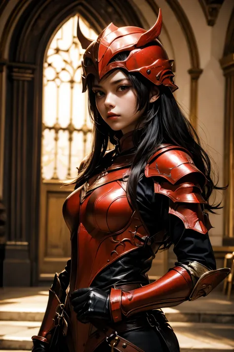  One Beautiful Woman 。Twenty years old。 Face Details 。 black hair。 she's wearing red armor 。 she's wearing a red armor helmet 。She's in the castle 。 she's staring at the camera with eyes burning with justice。