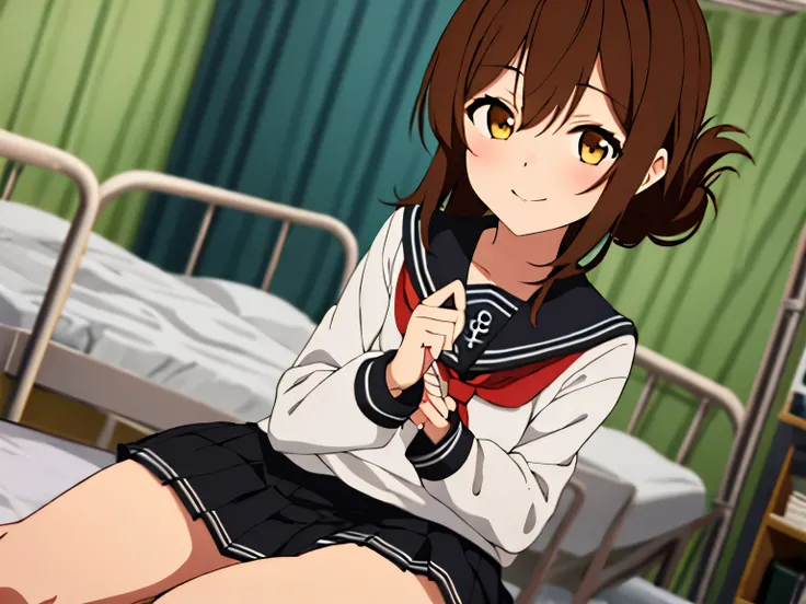 An unwell feeling girl in a miniskirt is holding her knee on her bed in the infirmary、Close-up shot of one girl, Lightning \( fleet this\),  brown hair,  folded ponytail,  long hair,  brown eyes, Anchor Symbol, Black sailor collar,  Long Sleeve,  neckerchi...