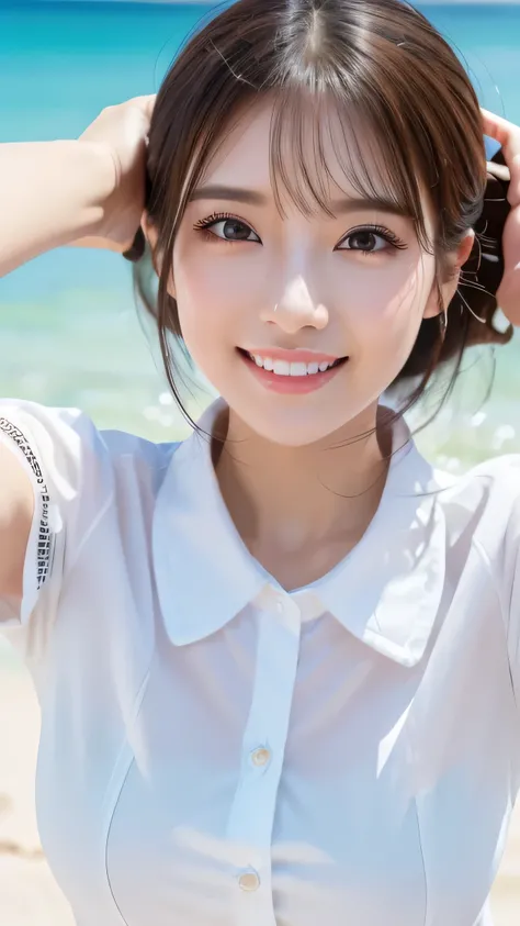 (( top quality、 Table Top、8k、 best image quality、 Extremely Complex and Detailed ))、(1 person photo:1.1)、(  look at me with the best smile :1.1)、( beautiful beach:1.1)、( white polyester short sleeve collared shirt:1.1)、(The perfect short sleeve collared sh...