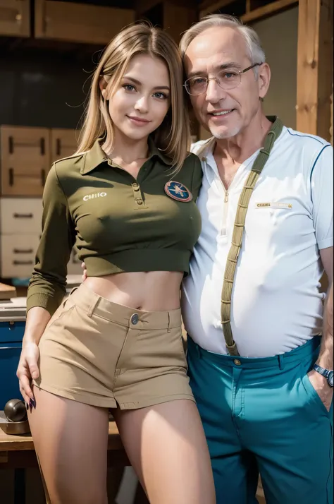 high resolution, full length portrait, a beautiful blonde  girl scout, ((wearing sexy scout uniform with tiny mini skirt)), (crop top), mare midriff, full thighs, smiling, ((((with an older man in chinos)))), in a workshop, light streaming in, high resolut...