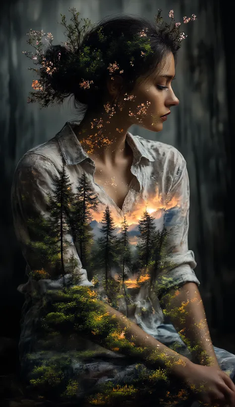 Double expression bodyscape of and ethereal double exposure female potrait with a landscape of intricate landscape and flower on the full body of ab insanely beautiful female body with sexy body figure, sitting in dark place full body painting style by wom...