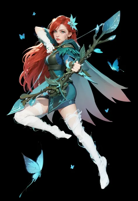 Character with red hair, legs end with white wind, end of hairs into neon light blue, in left hand holding bow and with right hand bowstring, turquoise cape, green and white bacgroun, blue butterflies around her, fantasy character, looking at the camera