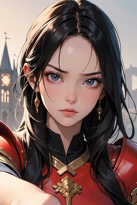  One Beautiful Woman 。Twenty years old。Detailed drawing of the face。 black hair。 she's staring at the camera with an angry expression 。 she's wearing red armor 。She's in the castle 。's greatest masterpiece。