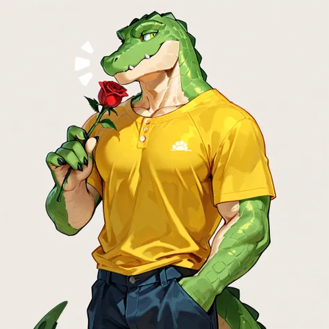 Crocodile furry, green eyes, crocodile, casual clothes, man, masculine, crocodile features, summer, solo, holding rose