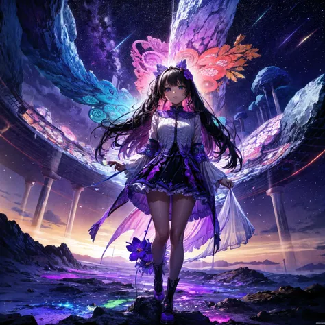  absurd,  super detailed, Bright purple ,( nostalgic scenery :1.5),(Purple Flower:1.3), (Abstract art:1.4),( Psychedelic Theme :1.6),(Purple World),( There Is The World's Most Beautiful Woman At The Center Of The World),( many stars have fallen:1.3),A ray ...