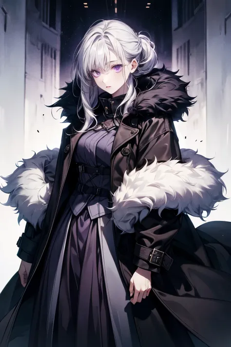  woman .  pale skin .  Silver hair.  complicated hairstyle .  purple eyes. Dark fantasy clothing . long skirt.  Dark coat with hood .  fur collar.  long sleeves .