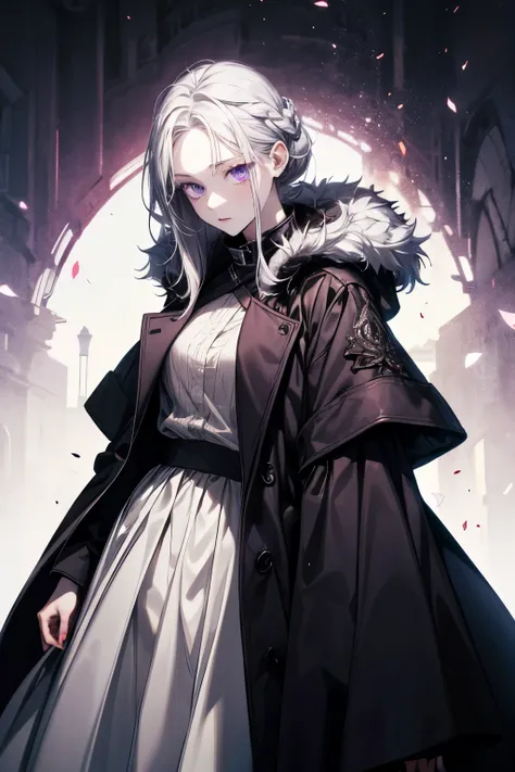  woman .  pale skin .  Silver hair.  complicated hairstyle .  purple eyes. Dark fantasy clothing . long skirt.  Dark coat with hood .  fur collar.  long sleeves .