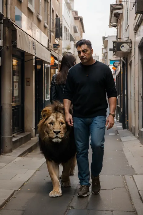 Walking with the Giant Lion in the street