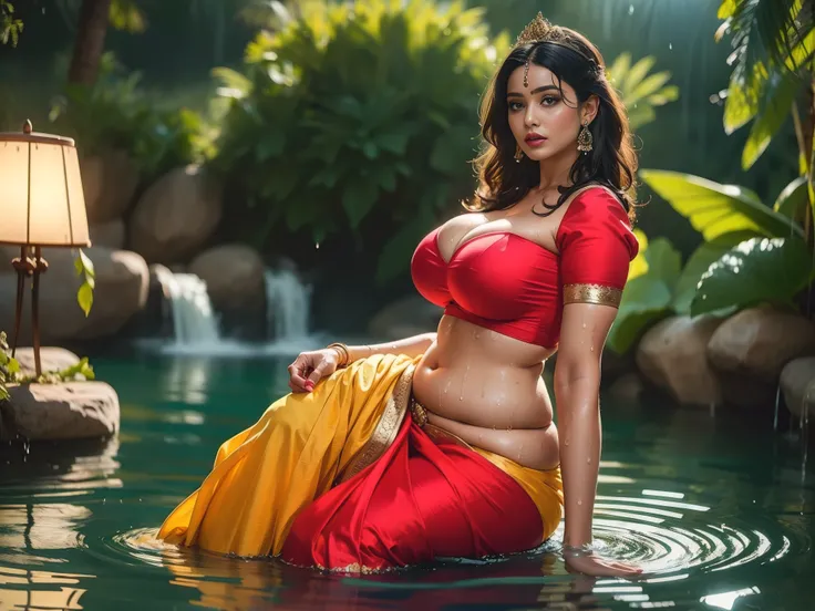  Beautiful cute wet tamanna bhatia, with thick thighs and a curvy waist,  wearing a red beautiful Indian dress, ((low waist)), ((wet silky hair)), ((wet hair)), ((loose wet hair)), (( beautiful Indian dress)) , bindi on forehead, highly detailed, depth of ...