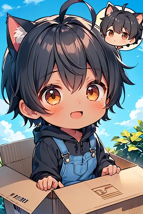 ((A boy:1.3)),((handsome:1.3)),((black hair:1.25)),((short hair:1.25)),((brown eyes)),((ahoge:1.25)),(front view:1.0),(cat ears hoodie:1.1),(overalls:1.1),(tilt one's head:1.0),(go inside the cardboard box:1.2),((pointing:1.0)),//,((blue Sky and sunny:1.1)...