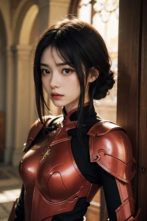  One Beautiful Woman 。Twenty years old。Detailed drawing of the face。 black hair。 she's staring at the camera with an angry expression 。 she's wearing red armor 。She's in the castle 。's greatest masterpiece。